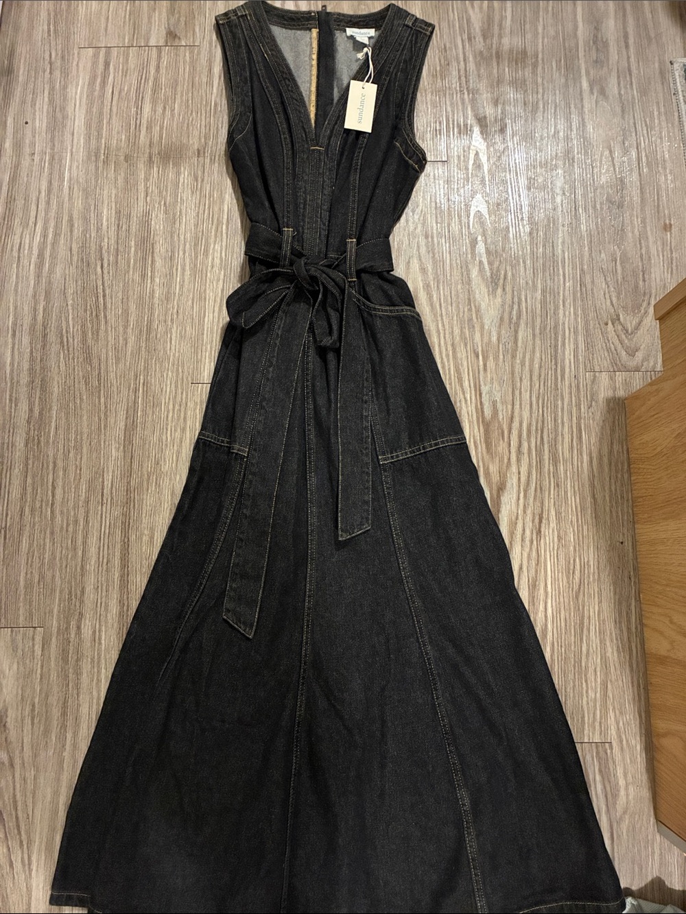 Sundance Black Sleeveless Denim Maxi Dress with Tie Belt